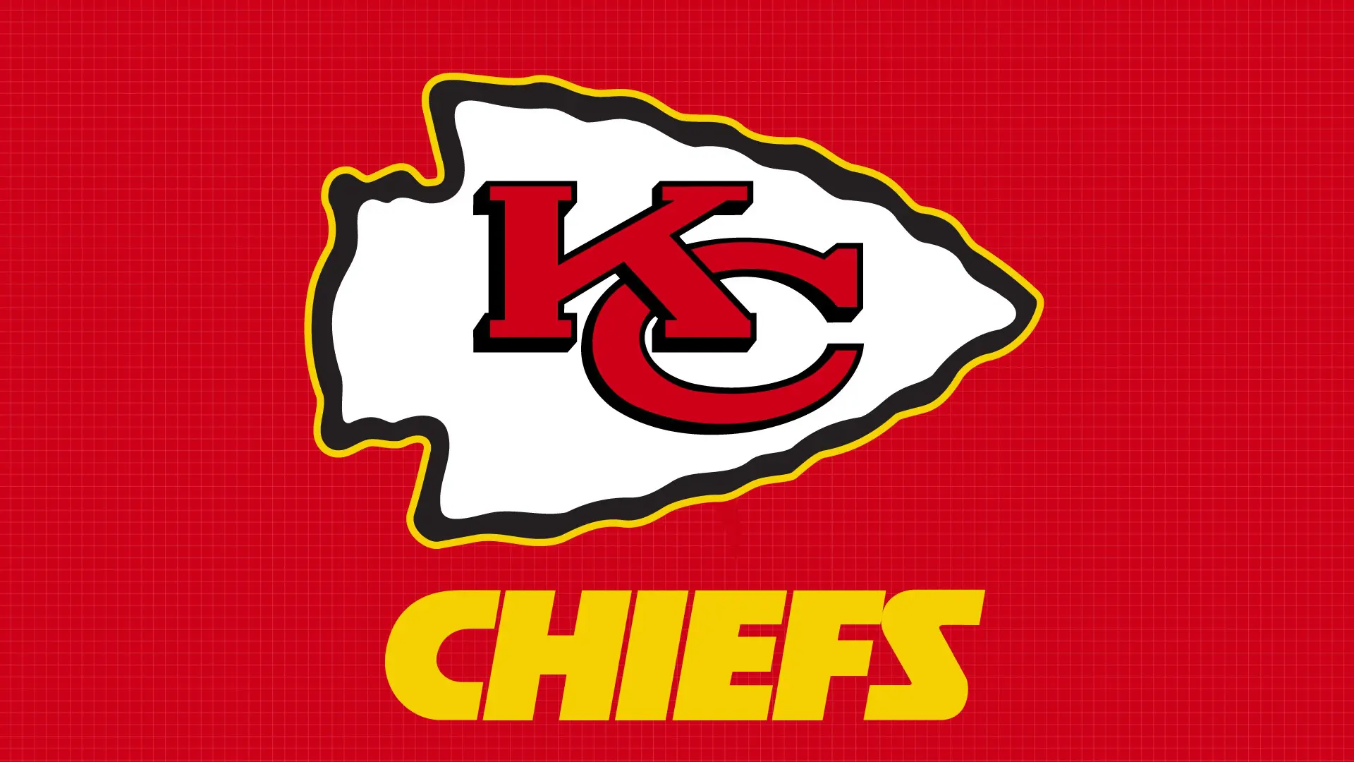 Logo of the kansas city chiefs on a red background featuring the letters "kc" inside a white arrowhead shape with a yellow "chiefs" text below.
