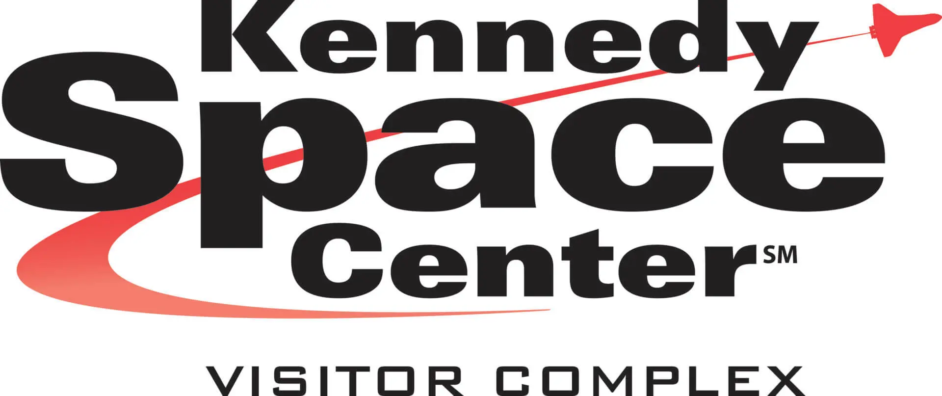 Logo of kennedy space center visitor complex featuring bold black and red text with a stylized red rocket trail.